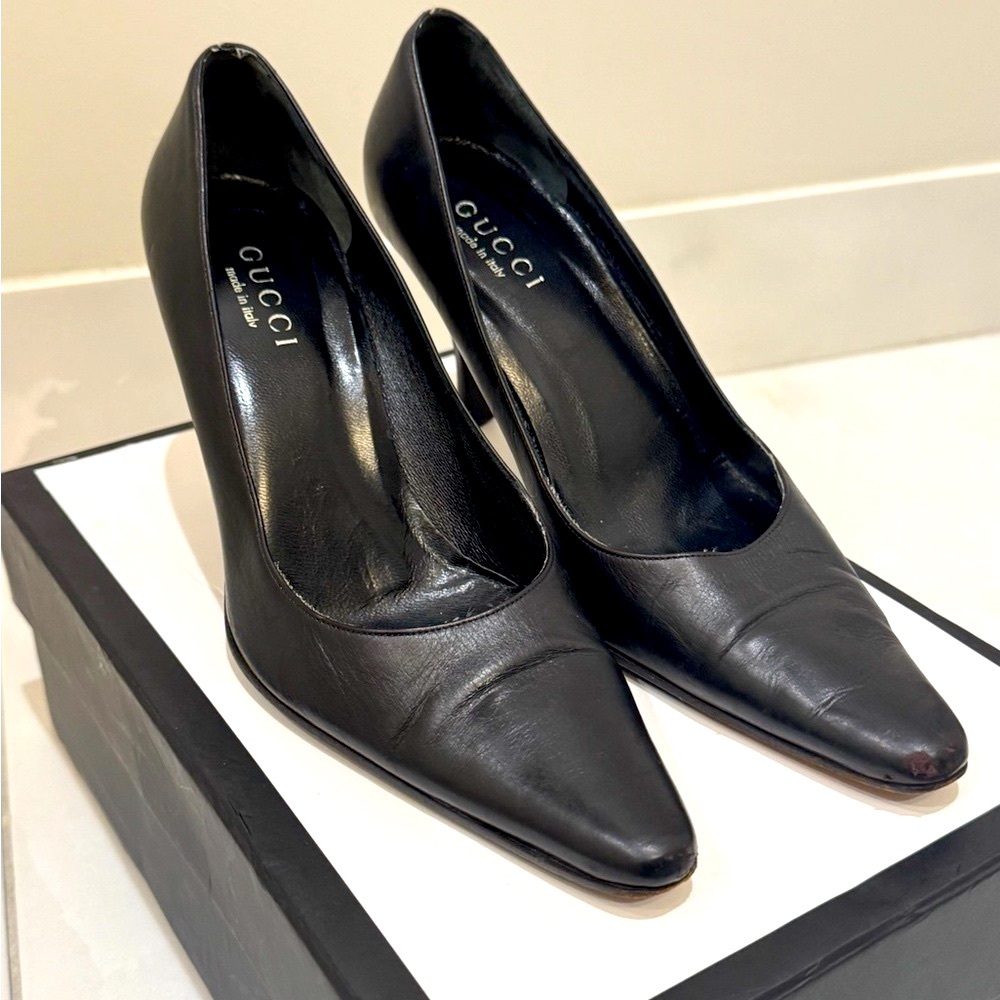 🔥 Rare Vintage 1980s Gucci Black Leather Box Toe Stiletto Slip-On Heels Pumps